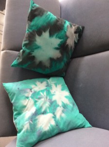 This is a pillow which was also made in our textileclass with sunprinting.